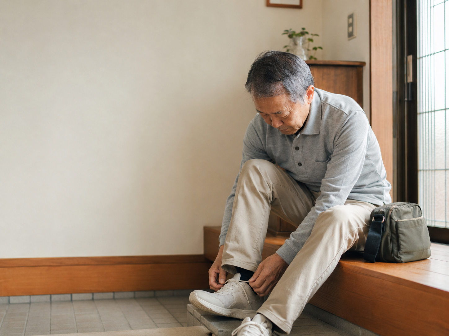 玄関で靴を履く男性（イメージ）