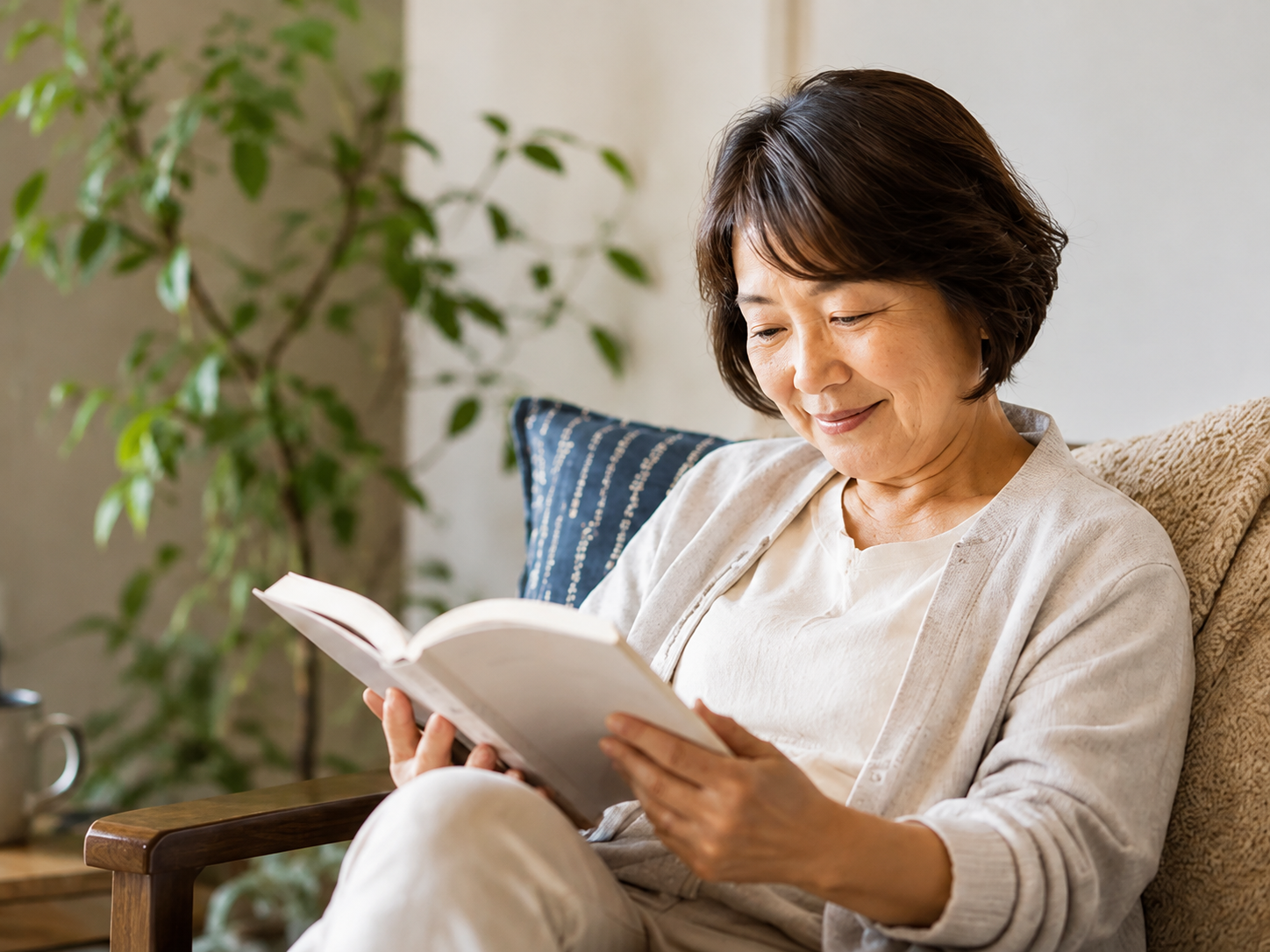 自然光の入る部屋で読書を楽しむ女性（AI生成イメージ）