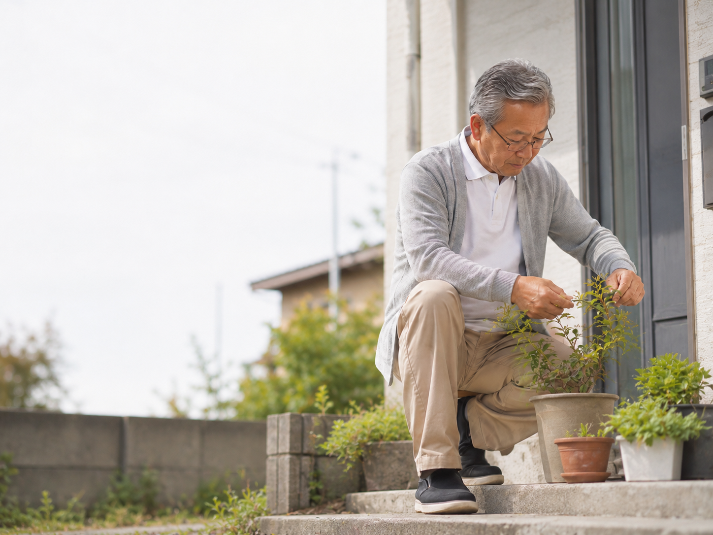 庭先で鉢植えの手入れをする男性（イメージ）